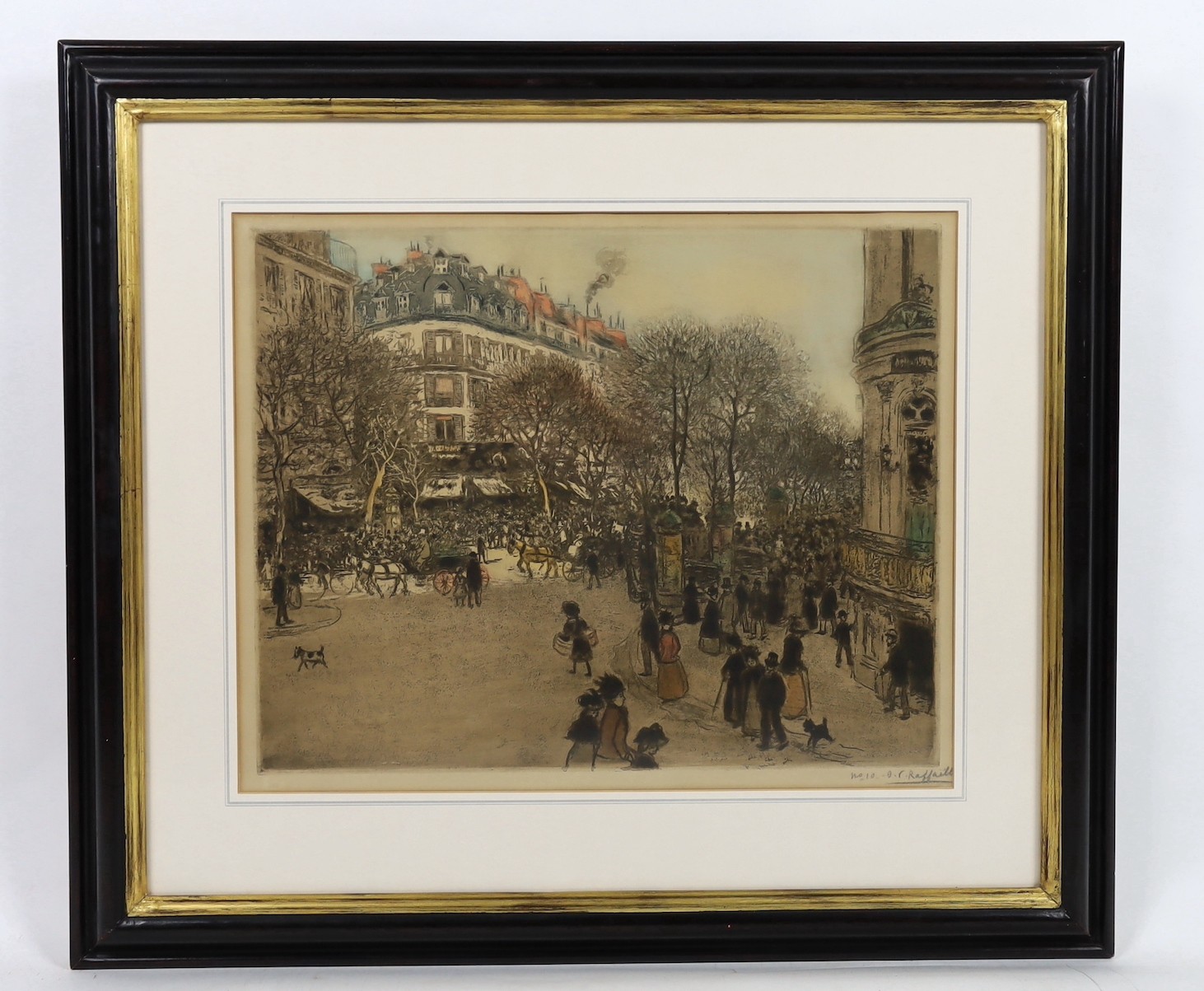 Jean-François Raffaëlli (French, 1850-1924), 'Le Boulevard des Italiens', colour etching, drypoint and aquatint, 45 x 56cm